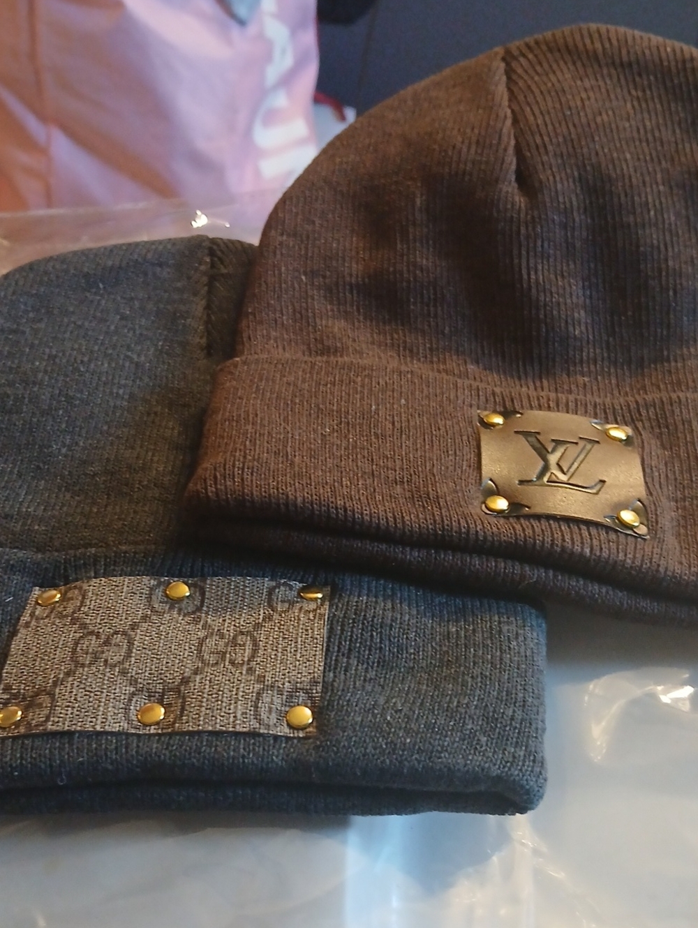 Brown Ribbed Beanie with Logo Plaque Handmade 2fer UNISEX